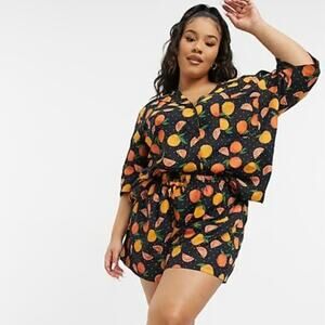 ASOS Maternity Citrus Print Pajama Set, Black Button-Up PJ Shirt & Shorts Size 6